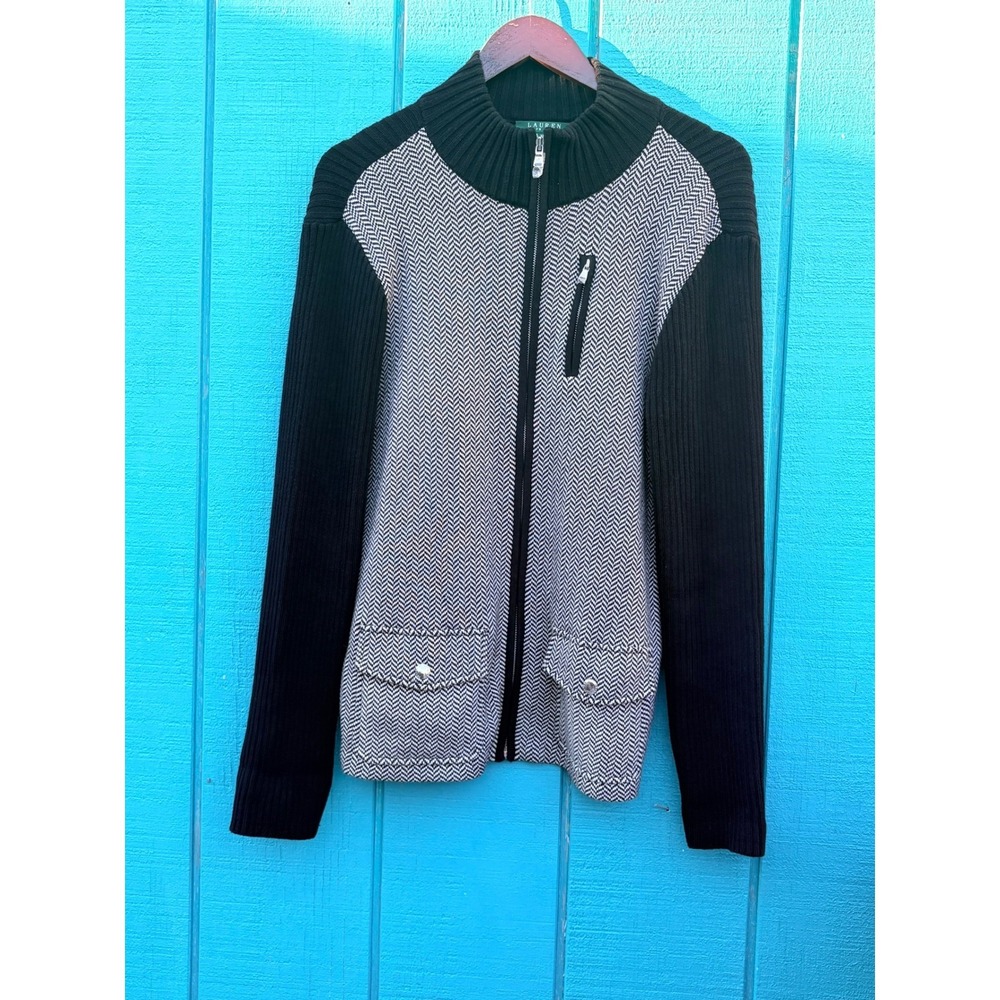 Lauren Ralph Lauren XL Full Zip Grandpacore Cardigan Sweater Chevron Cotton